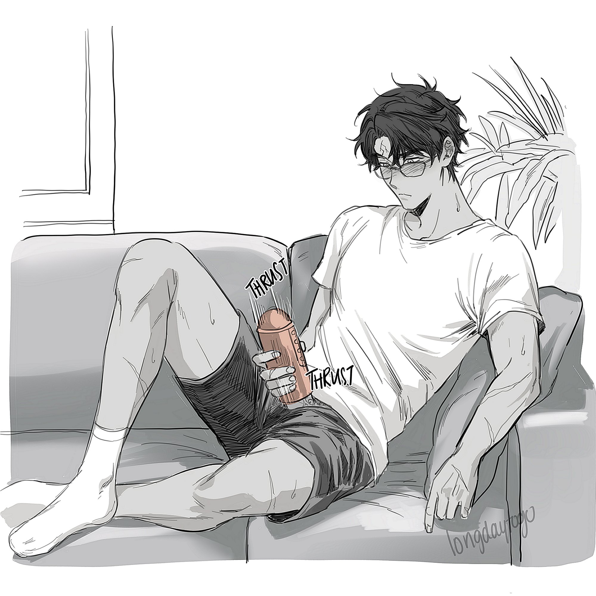 the image is a grayscale illustration of a man sitting on a couch, masturbating with a sex toy. he is wearing a white tshirt and dark shorts. the words "thrust" are written next to the sex toy. the style is reminiscent of manga or anime.