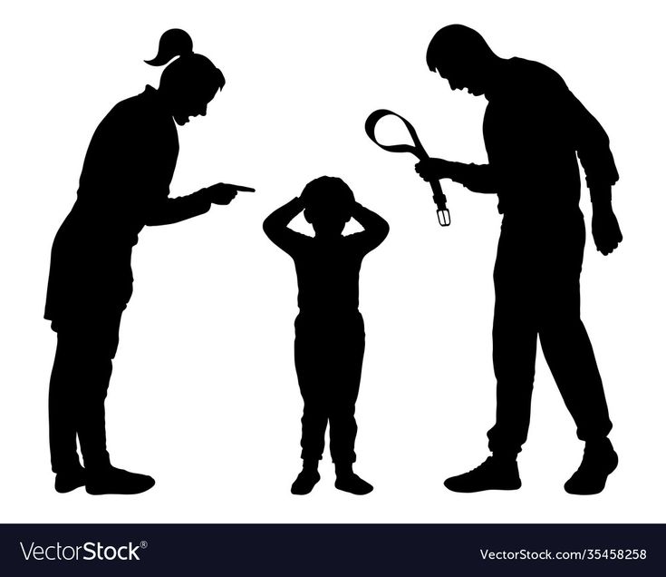 the image depicts a family in a tense situation. a father stands with a belt in his hand, seemingly about to punish his child, who stands with their hands over their ears. the child's mother, who is standing to the left of the image, appears to be trying to intervene. the silhouettes of the figures suggest a serious and potentially dangerous moment. the scene could be interpreted as a depiction of child abuse or discipline, highlighting the complexities of parenting and family dynamics. the use of silhouette emphasizes the emotional weight and the unspoken tension within the scene.