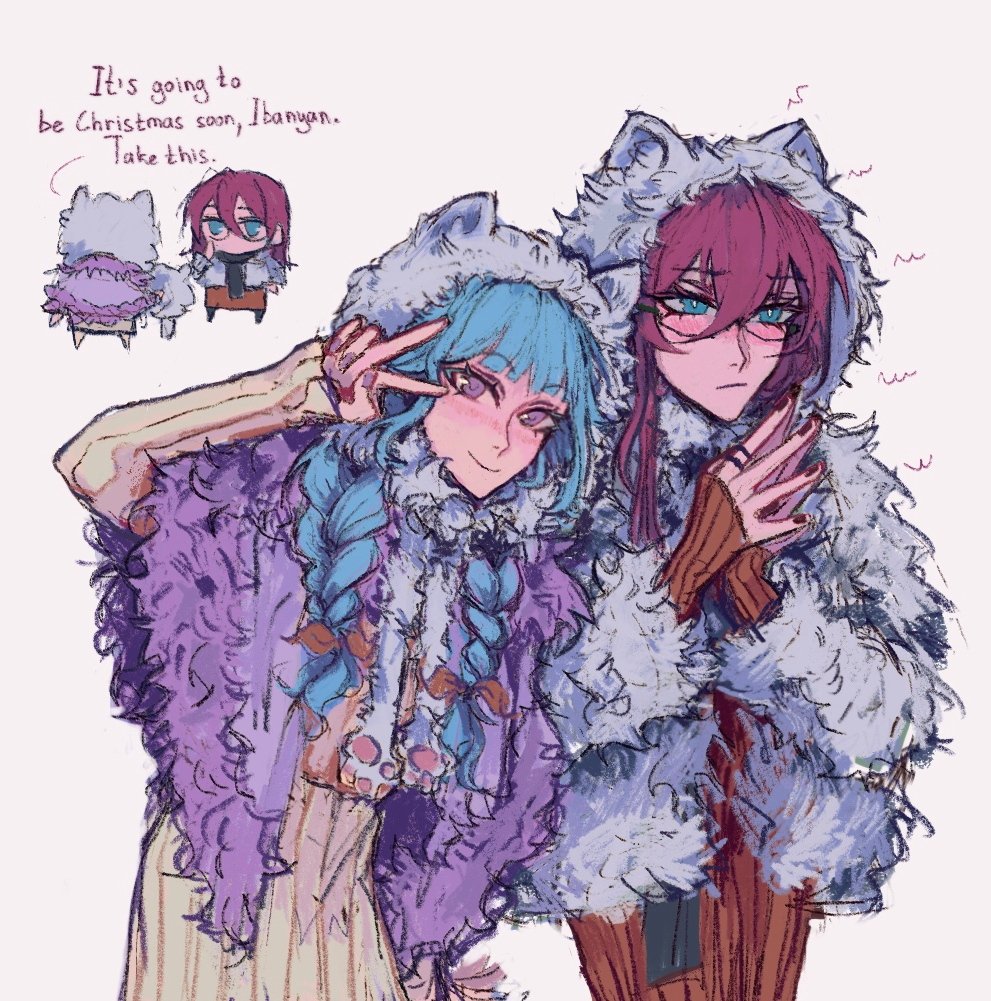 the image is a digital fanart drawing in an anime/manga style, showcasing two female characters bundled up in large, fluffy, hooded coats with animal ears (resembling bear or wolf ears).  one girl has blue hair and a purple coat, the other has maroon/burgundy hair and a light blue/grey coat. both have a soft, pastel color palette.  the bluehaired girl appears to be giving the redhaired girl a gift or something to hold. in the top left corner, there is smaller chibilike version of the girls and a speech bubble that says, "it's going to be christmas soon, ibangyan. take this."  the style is expressive and slightly sketchy, creating a cozy and heartwarming scene. the background is plain white.