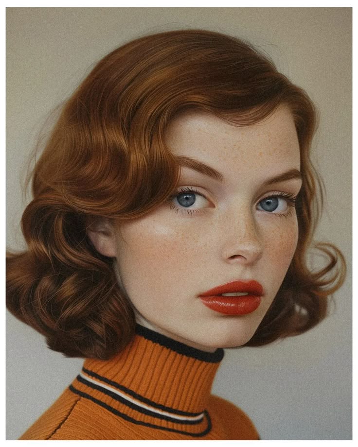 a portrait of a young woman with auburn, wavy hair styled in a retro fashion. she has blue eyes, freckles, and is wearing red lipstick. she is also wearing an orange turtleneck sweater with black and white stripes.