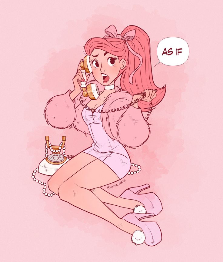 this is a cartoon drawing of a pink haired woman with a pink outfit, sitting on a pink background with a phone in her hand. she is holding a vintage rotary phone, with a gold body. the woman is saying "as if," in a speech bubble. she is wearing white shoes with fluffy pink pompoms, and has a pink fur jacket on.  the whole image is in pink tones.