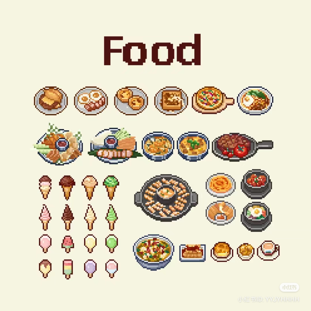 this is a pixel art image of various kinds of food. there are many kinds of food, ranging from noodles, meat, ice cream, to coffee. overall, it has a cute aesthetic.