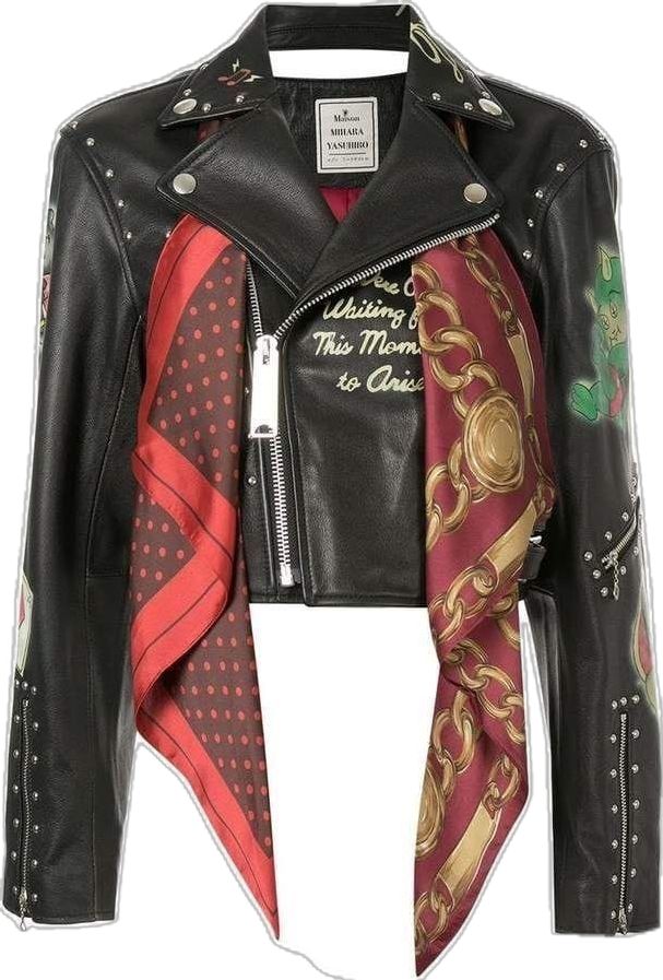 a black leather biker jacket with silver studs. the jacket has a red and gold scarf tied around the neck. the scarf has a chain print,  polka dots and a print that says "waiting for this moment to arise".