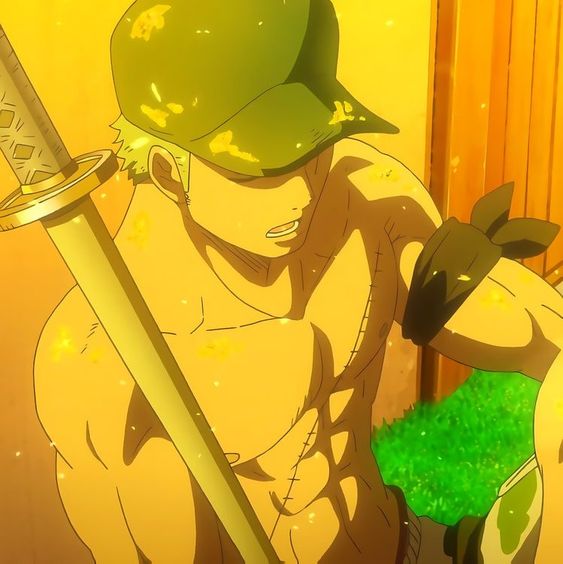 a closeup shot of roronoa zoro from one piece, he's shirtless and wielding a sword. he's in a fighting stance and his muscles are visible. the background is yellow and green, giving the image a bright and energetic feel.