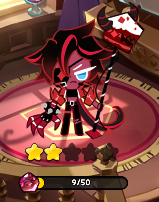the image shows a 2star red velvet cookie character from the cookie run: kingdom video game. the character is standing on a pedestal in an interior setting. a progress bar at the bottom indicates 9 out of 50 items collected. the character has a red and black color scheme, a staff with a skull on top, and a spiked gauntlet on one hand. the character's rating is 2 out of 5 stars.