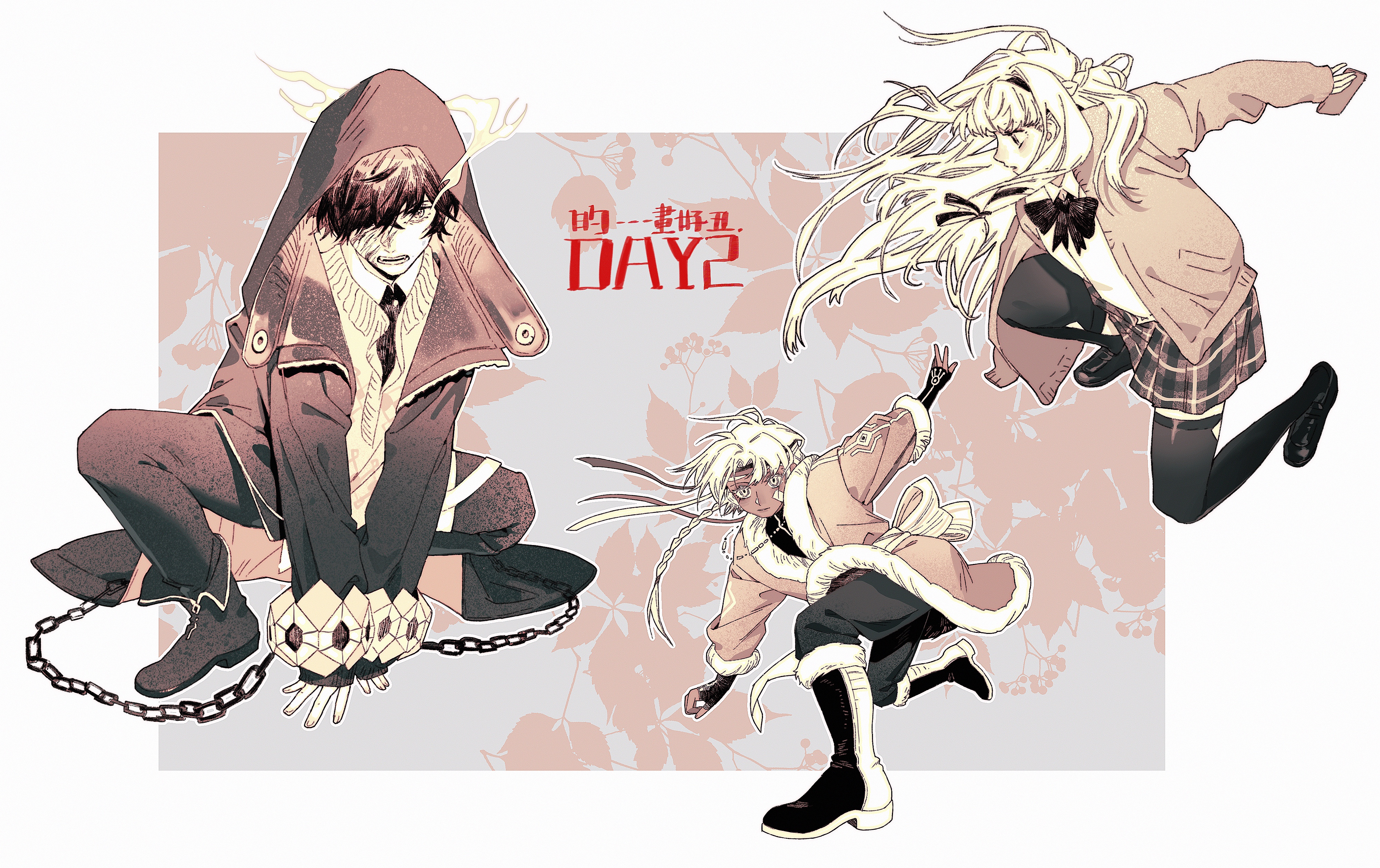 this is an anime illustration of three characters. the center character is a woman, she has blonde hair tied up into a bun, she's wearing a brown sweater and plaid skirt, she's jumping up in the air. the character on the left has brown hair, he is wearing a dark jacket and pants, he's sitting on the ground with a chain wrapped around his wrists. the character on the right has white hair, they're wearing a furlined jacket and pants, they are also jumping in the air. all three characters have their eyes closed.  the background is light pink with some flowers on it. the text in the image says "cutshortnotice day2".