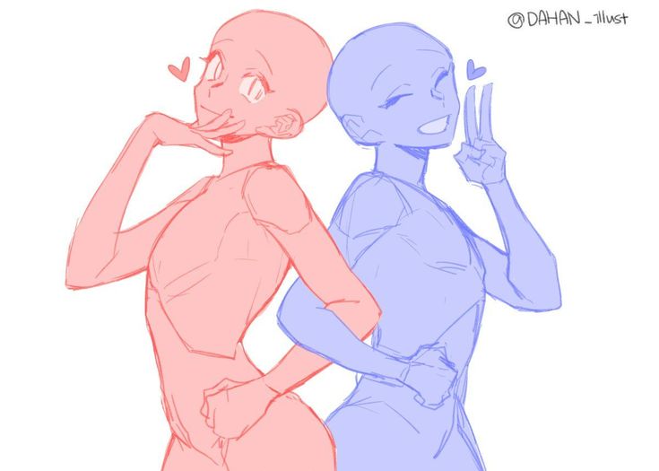 a drawing of two female figures, one in blue and one in red. the figure in blue is smiling and is facing the camera, she has her arm around the figure in red. the figure in red is looking at the camera and is smiling, her arm is around the figure in blue.  the image is outlined and perfect for drawing inspiration.