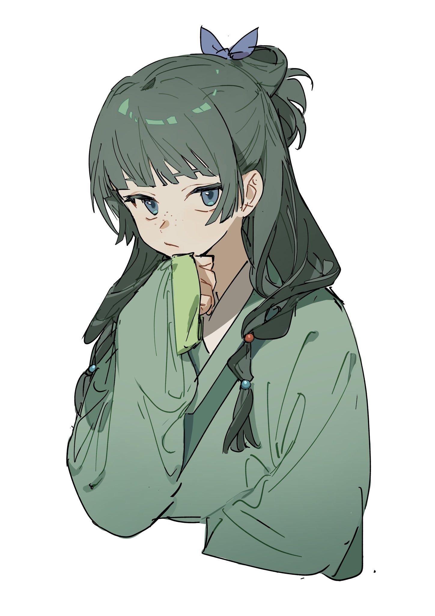 an animestyle illustration depicts a young woman with green hair, styled in a messy bun with a blue bow and braided pigtails. she has bangs and light freckles on her face, and she is wearing a green robe. her hand is resting on her chin, and she has a pensive or thoughtful expression.