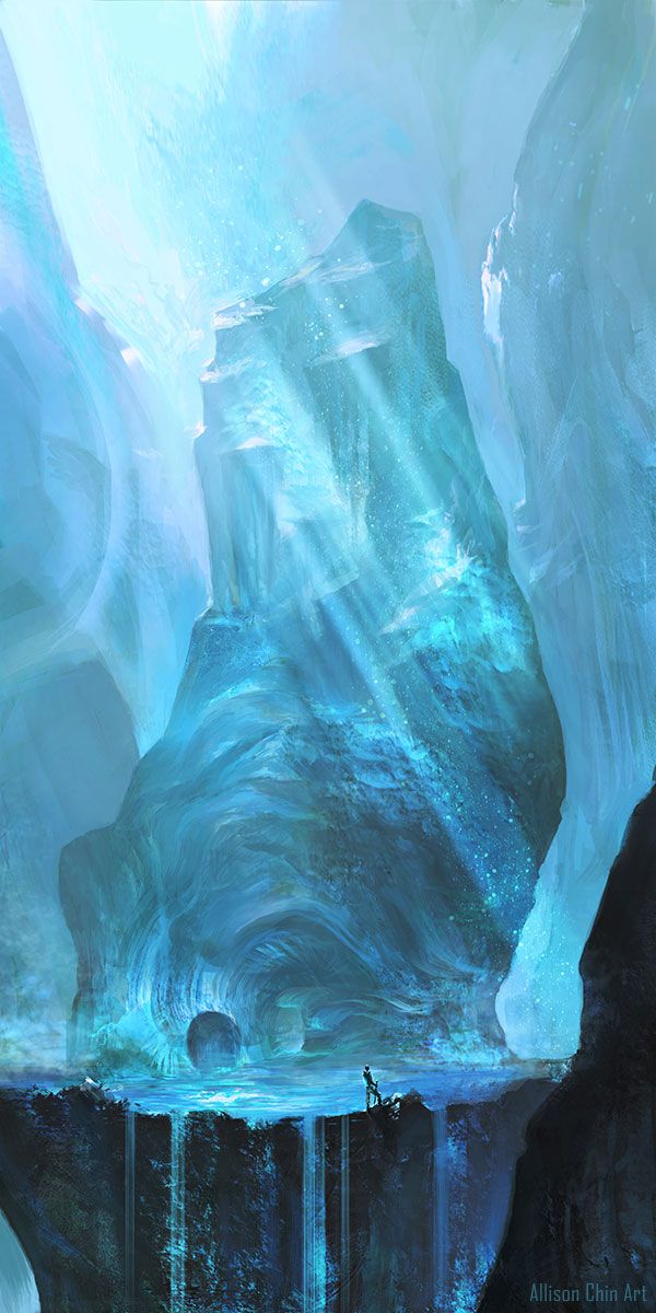 a digital painting depicts a fantastical ice cave. light rays penetrate the ceiling, illuminating the icy formations. a waterfall cascades down from a cliff into a pool of water. a small figure stands on the edge of the cliff, observing the scene. a dark tunnel or cavern is visible in the background. the overall color palette is dominated by shades of blue, and the artwork is signed "allison chin art."