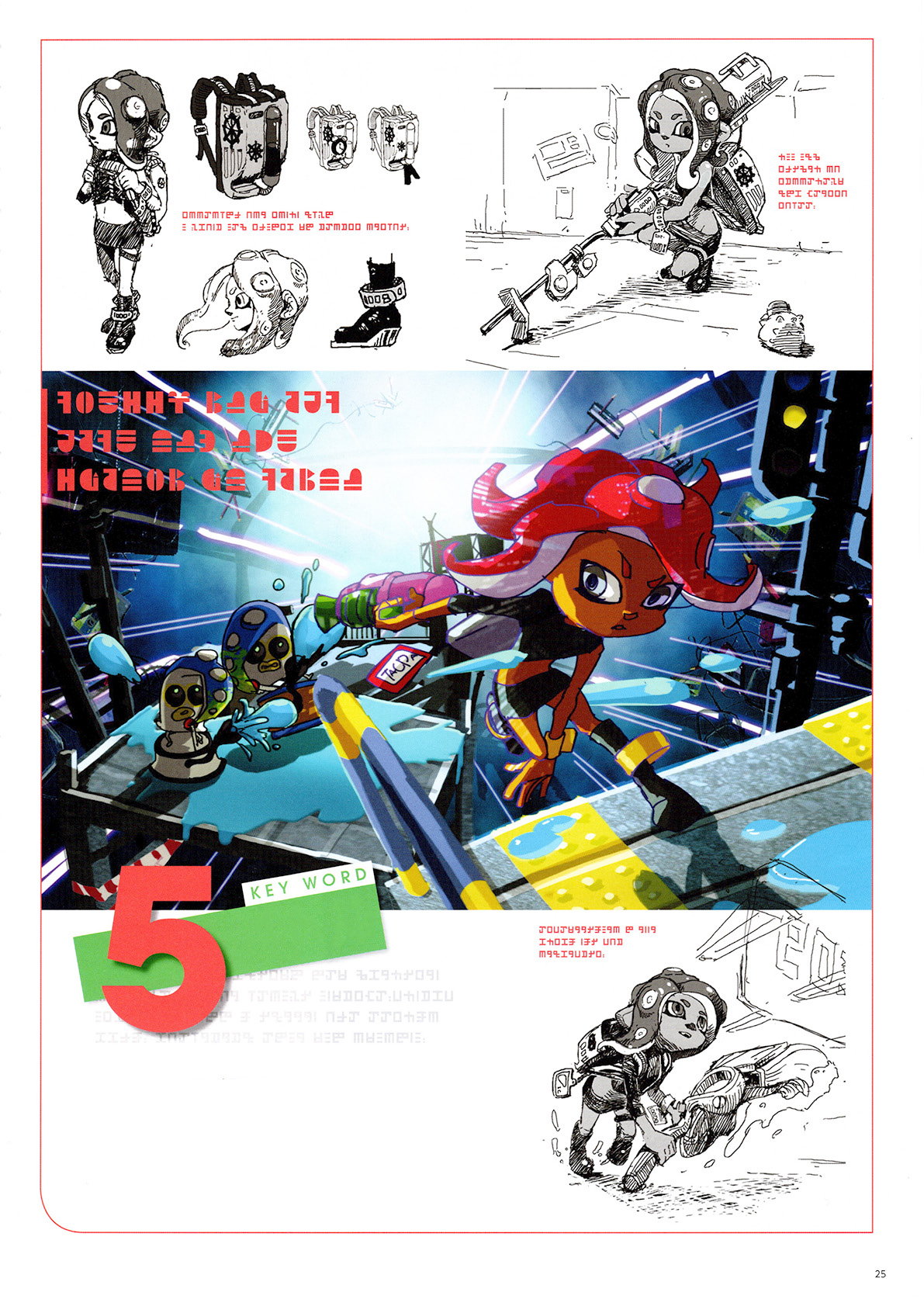 this image showcases a page from an artbook, likely for the video game splatoon 2. it features several sketches and concept designs of a female inkling character, a popular race in the splatoon universe. the inkling is depicted in various dynamic poses, often holding weapons, suggesting action and movement. the art style is vibrant and energetic, reflecting the game's aesthetic. the background elements hint at an urban, streetlike setting, a common environment in splatoon. different perspectives and closeups provide a closer look at the character's design and equipment.  the page also includes korean text, likely describing the design choices and inspirations.