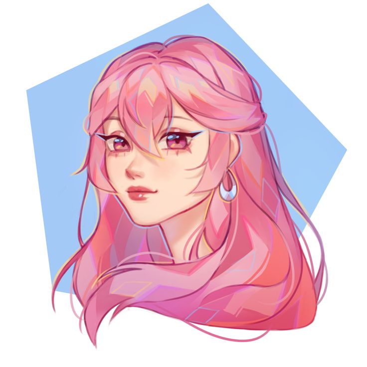 a digital illustration of a young anime girl with long pink hair. she has a warm smile on her face, wearing earrings, and is drawn in a soft, pastel style. the background is a light blue color, emphasizing the pink hues of the girl's hair and clothing. the illustration is full of detail, from the intricate strands of her hair to the gentle curve of her smile.