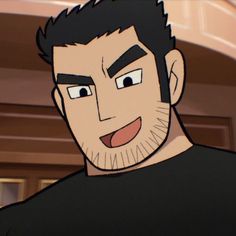 a closeup illustration of a man with short black hair and stubble smiling brightly.  he appears to be inside a building.  the style is reminiscent of anime or manga.