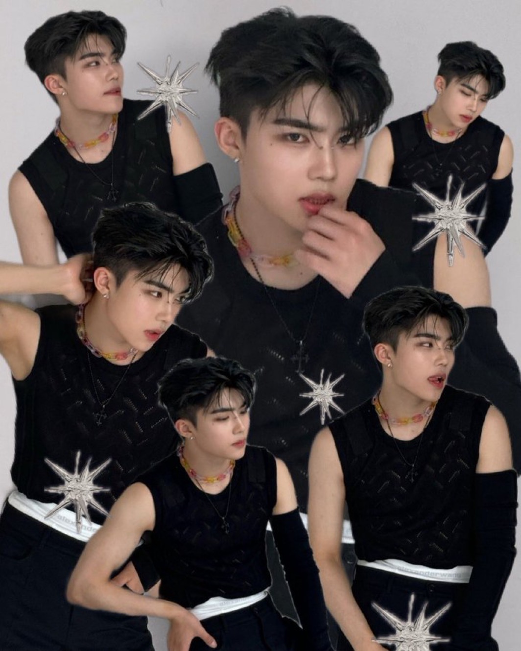 a collage of selfies of sunghoon from the kpop boy group, enhypen. he is wearing a black sleeveless shirt with a white pattern and a silver star brooch, with matching arm warmers. he is also wearing colorful beaded necklaces and has black hair.