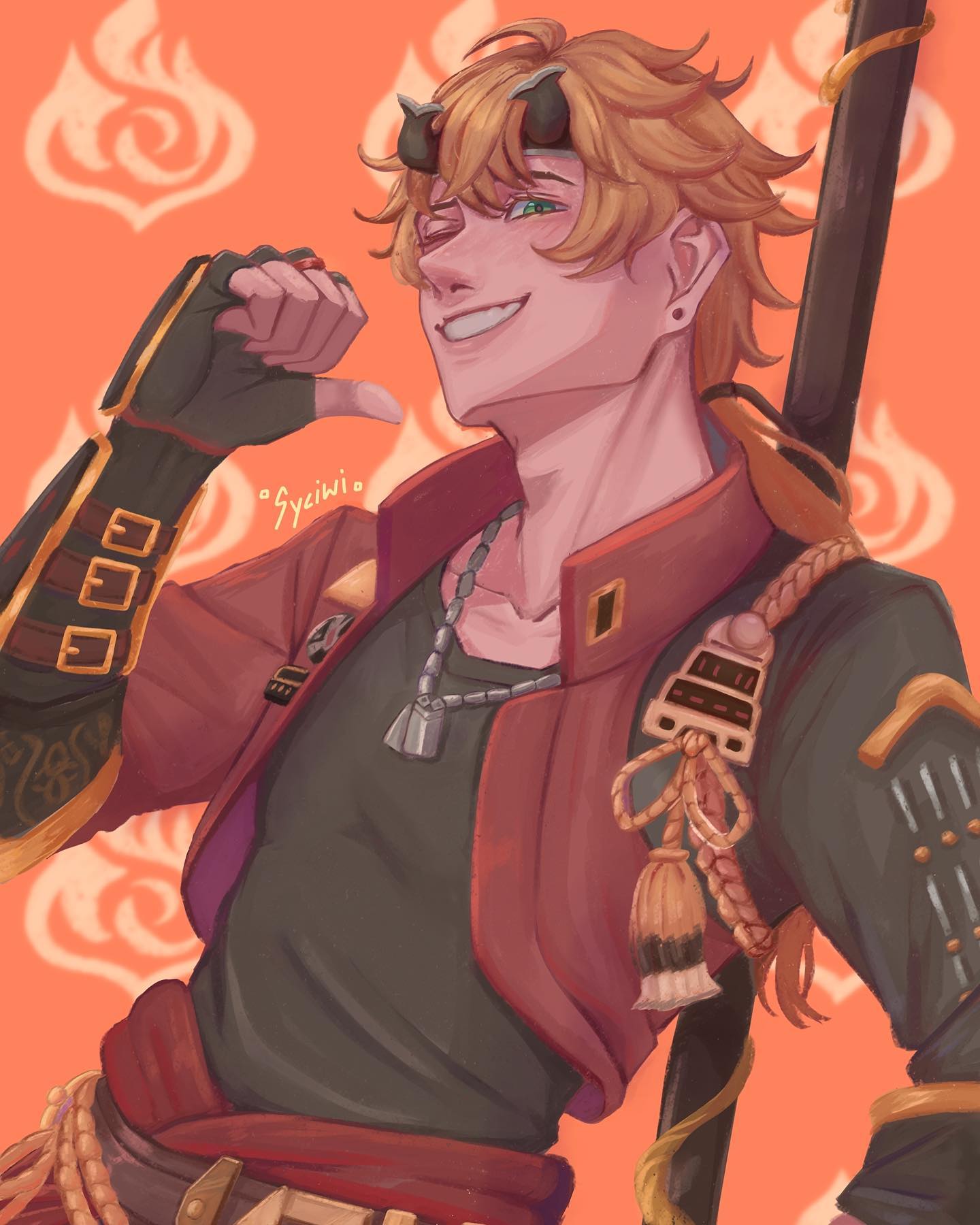 the image is a piece of digital fanart depicting a young, animestyle male character. he has blond hair, small demon horns, and is wearing a red and darkcolored outfit reminiscent of japanese samurai attire.  he holds a stafflike weapon and has a confident, almost mischievous expression, giving a thumbsup gesture. the background is a solid orange with stylized flamelike patterns. the art style is soft and slightly painterly. the overall mood is playful and slightly edgy.