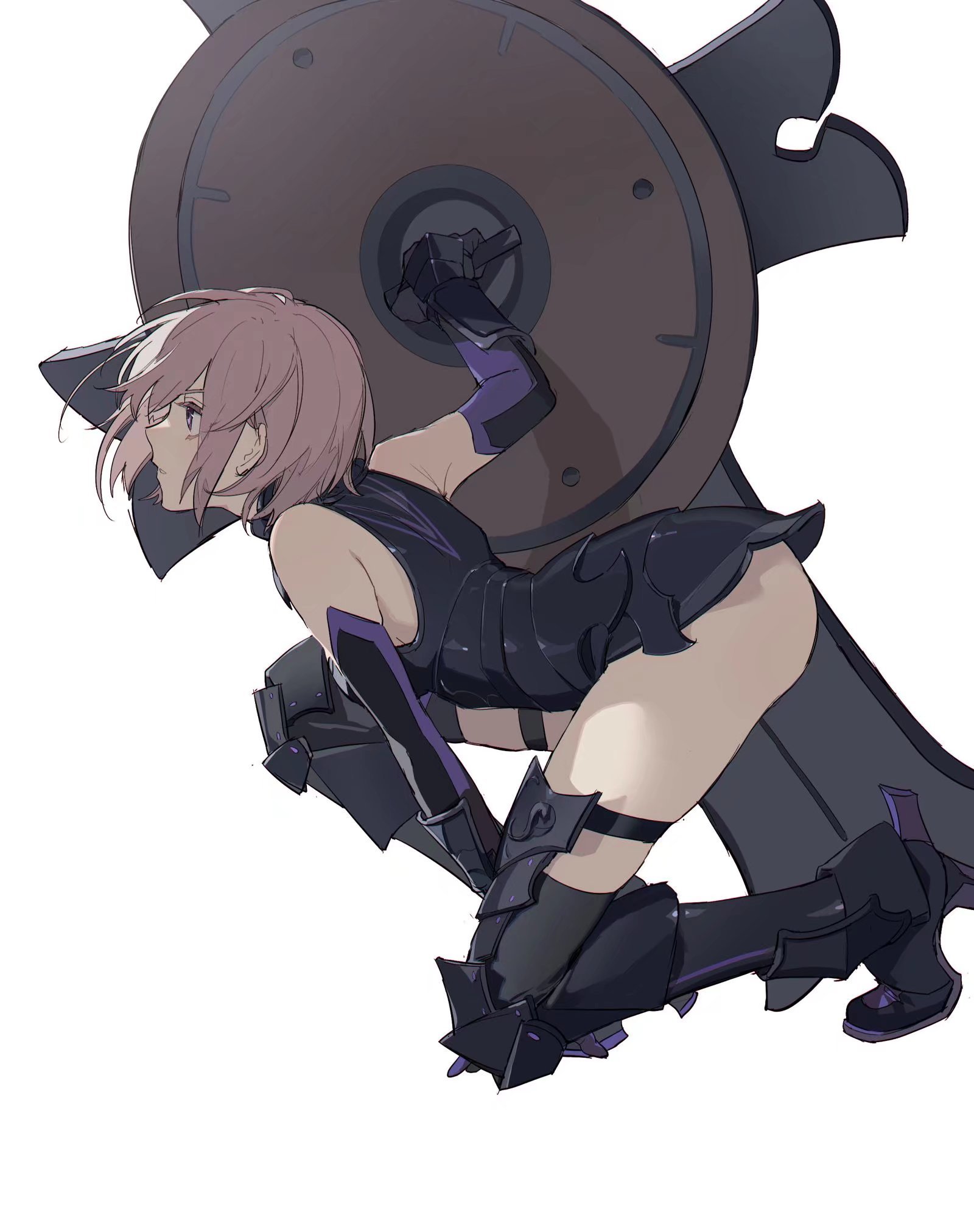 illustration of an anime girl with short pink hair and purple eyes, wearing black armor and holding a large shield, posed in a crouching position.