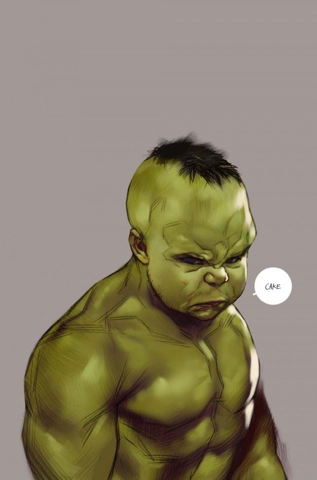 an illustration of the hulk as a baby with green skin, muscular build, and an angry expression, with a speech bubble that says "cake".