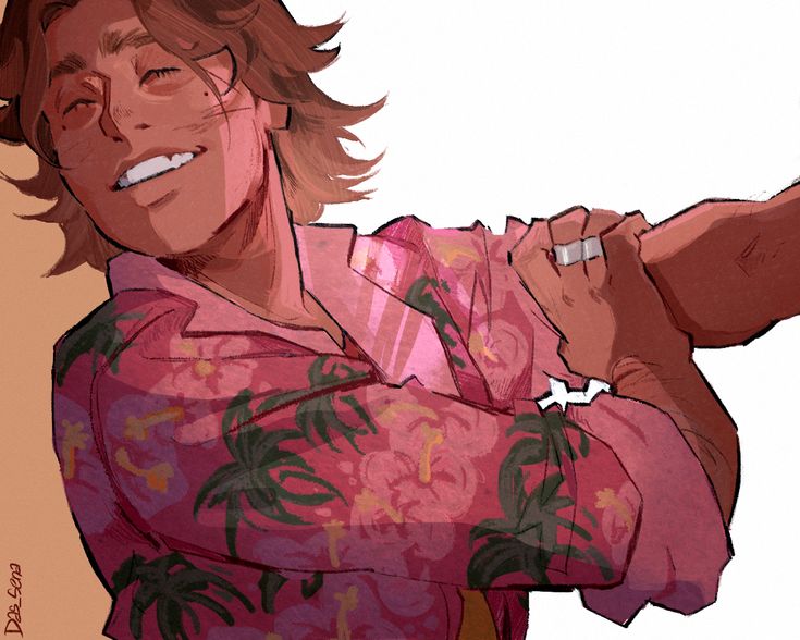 the image is a digital painting or illustration depicting a stylized portrait of a happy, young man.  he appears to be of mixed race with tan skin.  his expression is joyful and relaxed, with his eyes closed in a smile. he's wearing a vibrant pink hawaiian shirt with a tropical floral pattern. the style is reminiscent of anime or cartoon art with loose brush strokes and painterly texture. the man's arms are visible, and one hand is holding onto the other arm, giving a sense of casual ease. the overall feeling is warm and summery. the background is a simple white, focusing attention on the character.  the artist's signature or watermark is subtly visible in the lower left corner.