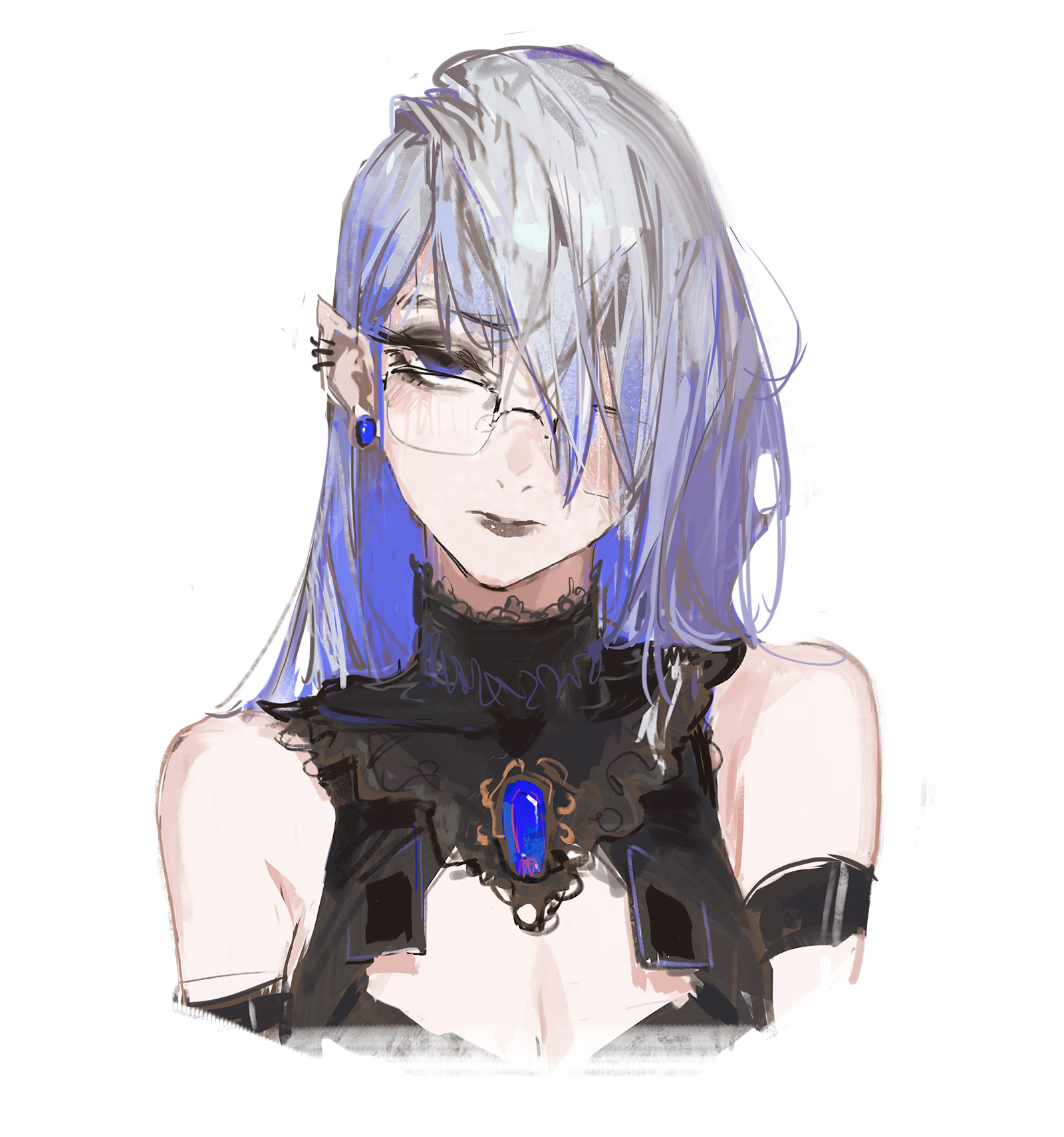 an anime style portrait of a girl with long blue hair wearing glasses and a black choker with a blue gem. she is dressed in a black dress. the image is in a digital art style and has a white background.