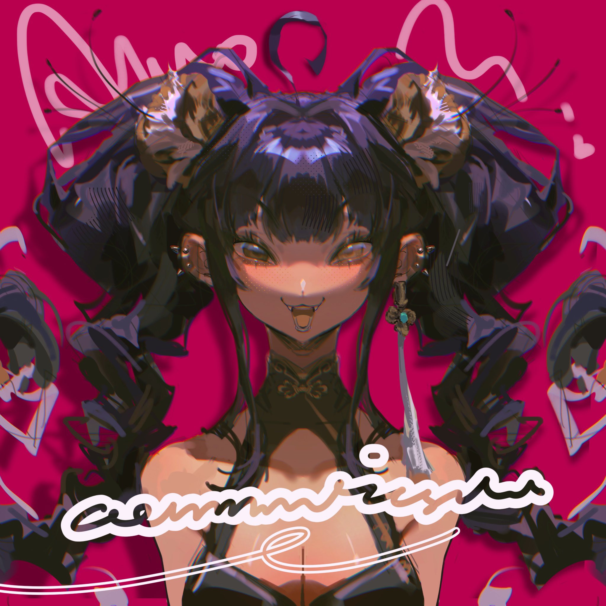 this is an illustration of an anime girl with long black hair and large, cute eyes, who's wearing a black outfit with a low neckline and a choker necklace. the girl is smiling playfully with her tongue sticking out, and she has black cat ears on her head and a pair of stylish earrings. her