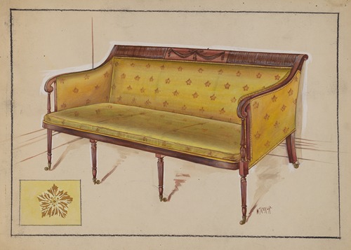 this watercolor painting features a vintage yellow settee or sofa. the piece of furniture is upholstered with a yellow fabric adorned with starshaped designs, and it has a dark wooden frame. the settee has four legs and curved armrests. there's a detailed flower or star design in a box in the bottomleft corner, presumably a pattern or motif for the sofa's design. the illustration has a sketched or handdrawn quality, with visible brushstrokes and shading that create a sense of depth and texture.
