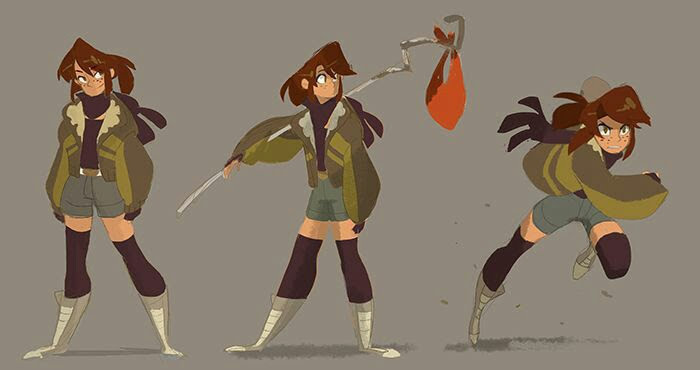 the image is a digital illustration of three cartoon girls. the first girl is standing, the second is standing and holding a stick with a red bag on the end, and the third girl is running. all the girls are wearing similar outfits with brown hair, green shirts, and brown jackets.