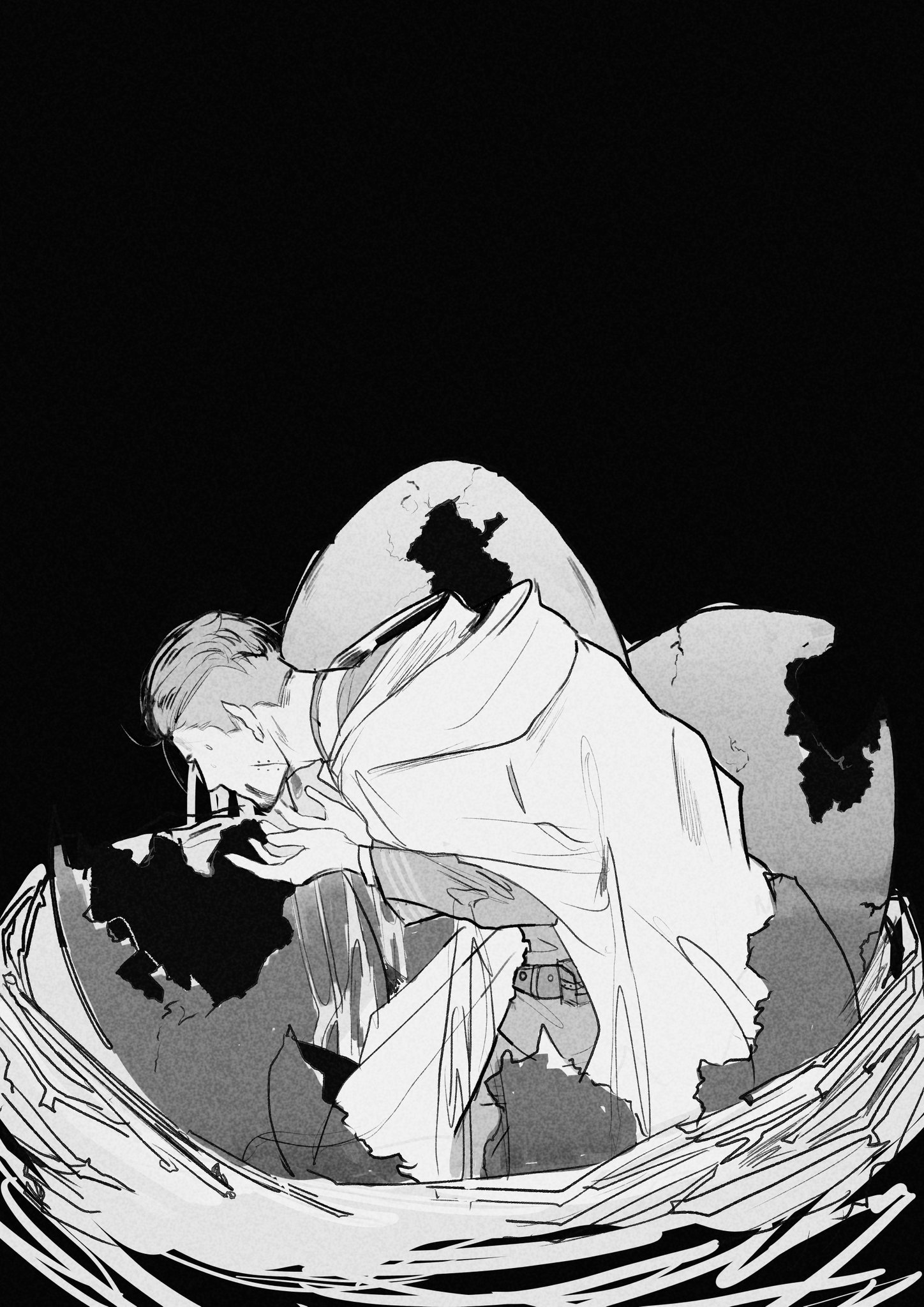 a black and white manga style image of a man in a cloak reaching for something out of reach. he is surrounded by shadows and a dark and mysterious background. the man is drawn in a detailed and expressive way, giving the image a sense of drama and tension.