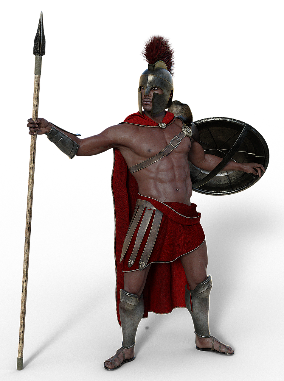 a muscular, darkskinned spartan warrior stands against a black background, holding a spear in his right hand and a shield in his left. he wears a helmet with a red plume, a red cape, and armor on his torso, arms, and legs. his red skirt is accented with metal plates. he wears sandals.