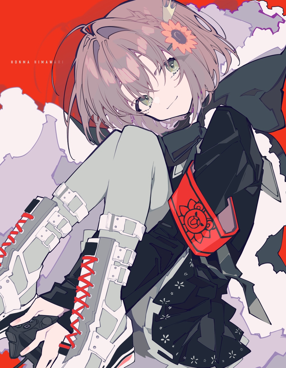 a digital art image of an anime girl with short, light brown hair and green eyes. she has a flower hair accessory and is holding a gaming controller. she is wearing boots, gray leggings, and a black dress with white flower details and red accents. the background is red. she is in a sitting pose.