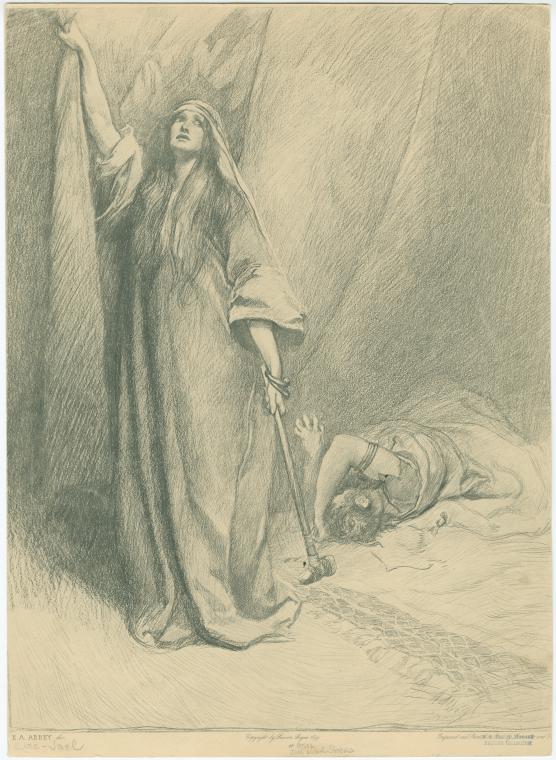 this is a pencil drawing of the biblical story of judith slaying holofernes. judith stands tall and proud, looking up and to the left, with her right arm raised high. she is wearing a long robe and a head covering. in her left hand, she holds a hammer, which she has used to kill holofernes, whose body lies prone on a bed to the right. the scene takes place inside a tent, with the tent fabric draped behind judith.