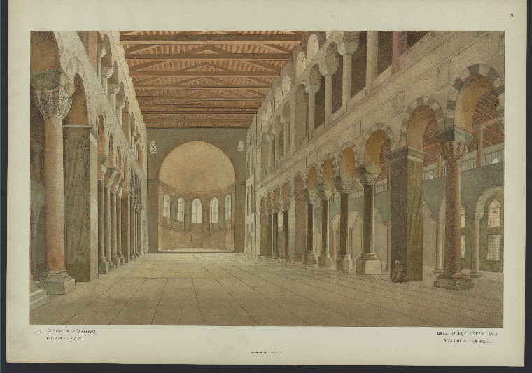 a perspective drawing of the interior of a basilica.  the basilica features columns and arches along its sides, leading to a dome at the far end.  there are windows in the dome area. the ceiling has a visible wooden structure. the image is presented as an architectural illustration with labels at the bottom.