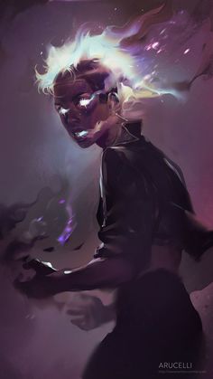 the image features a woman with glowing white and purple energy emanating from her head and hands. she is set against a dark, smoky background, which emphasizes the ethereal glow around her. the lighting is dramatic, highlighting her determined expression and the power she seems to wield. the overall style is reminiscent of fantasy illustration, showcasing a powerful magic user.