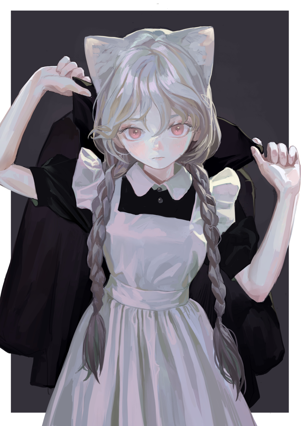 a digital illustration of an animestyle girl with cat ears and braided hair. she is wearing a white maid dress with a black collar and sleeves. she is also holding a black coat over her shoulders. her skin is fair, and she has striking pink eyes. the background is a dark gray color.