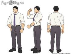 it's a character design sheet for an anime or manga. it shows a man in a white buttondown shirt, tie, and gray pants, from the front, side, and back. he has a muscular build and a serious expression.  the background is white and there's japanese text on top.