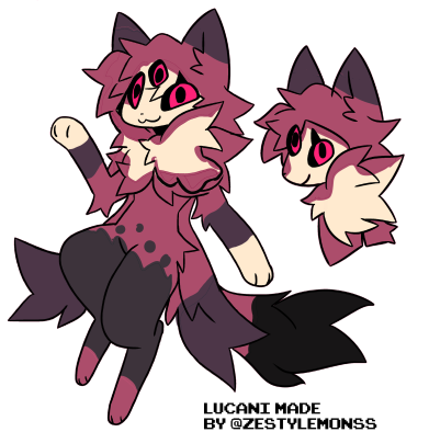 a cartoon character with three eyes, pink fur, black tail and legs, and cream colored belly. it is shown in two poses, one standing upright and one with its head tilted and looking to the side.