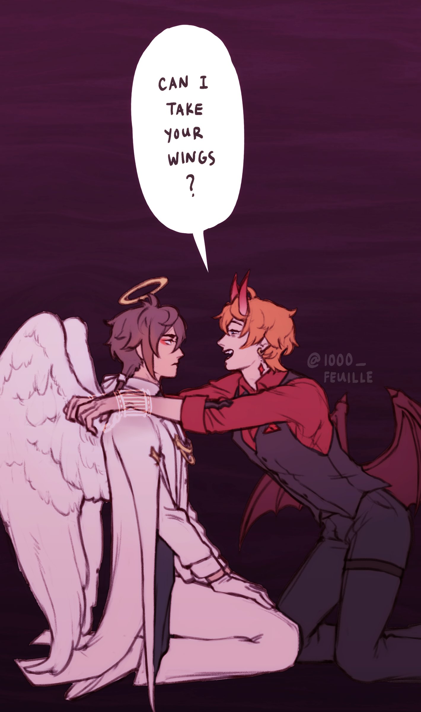 a cartoon illustration of an angel with a halo and wings, kneeling, being embraced by a demon with horns and red wings. the demon is asking "can i take your wings?".  it's a romantic illustration of an angel and a demon in love.