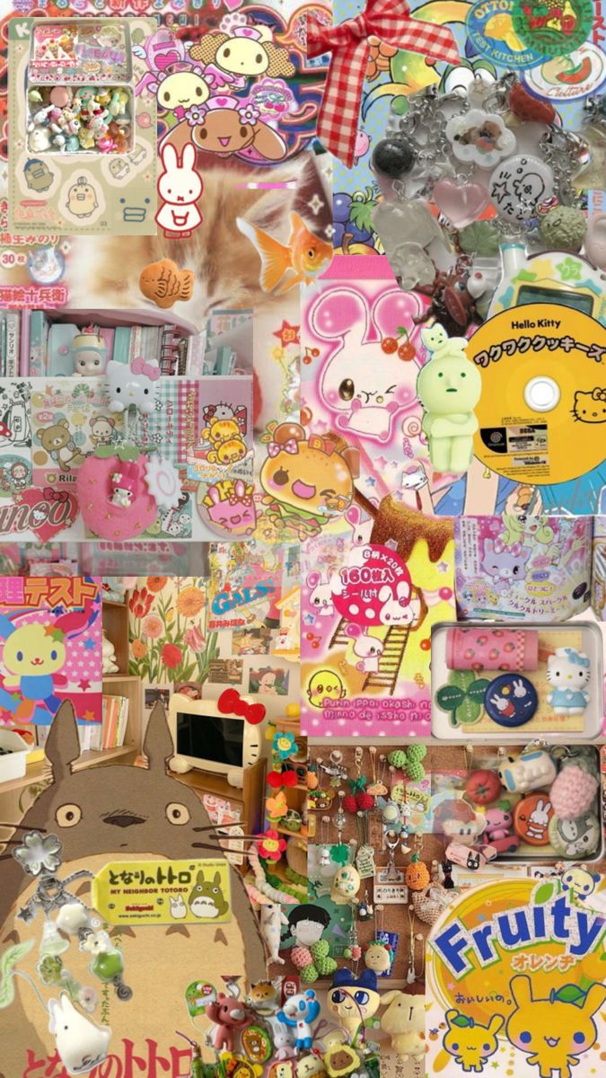 a chaotic and colorful collage featuring a variety of kawaiithemed items. the image is densely packed with anime characters, plushies, sanrio merchandise, stickers, and other toys. a cat is visible in the upper center. dominant items include a large totoro image, various charms, and cartoonstyle graphics. the overall impression is cluttered and maximalist.