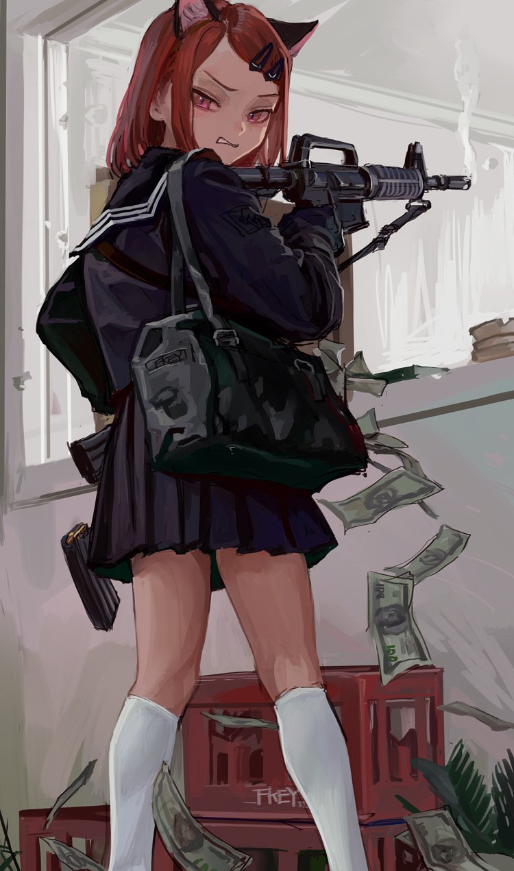an anime girl with cat ears, wearing a school uniform, is holding a gun. money is falling around her. it is an illustration.