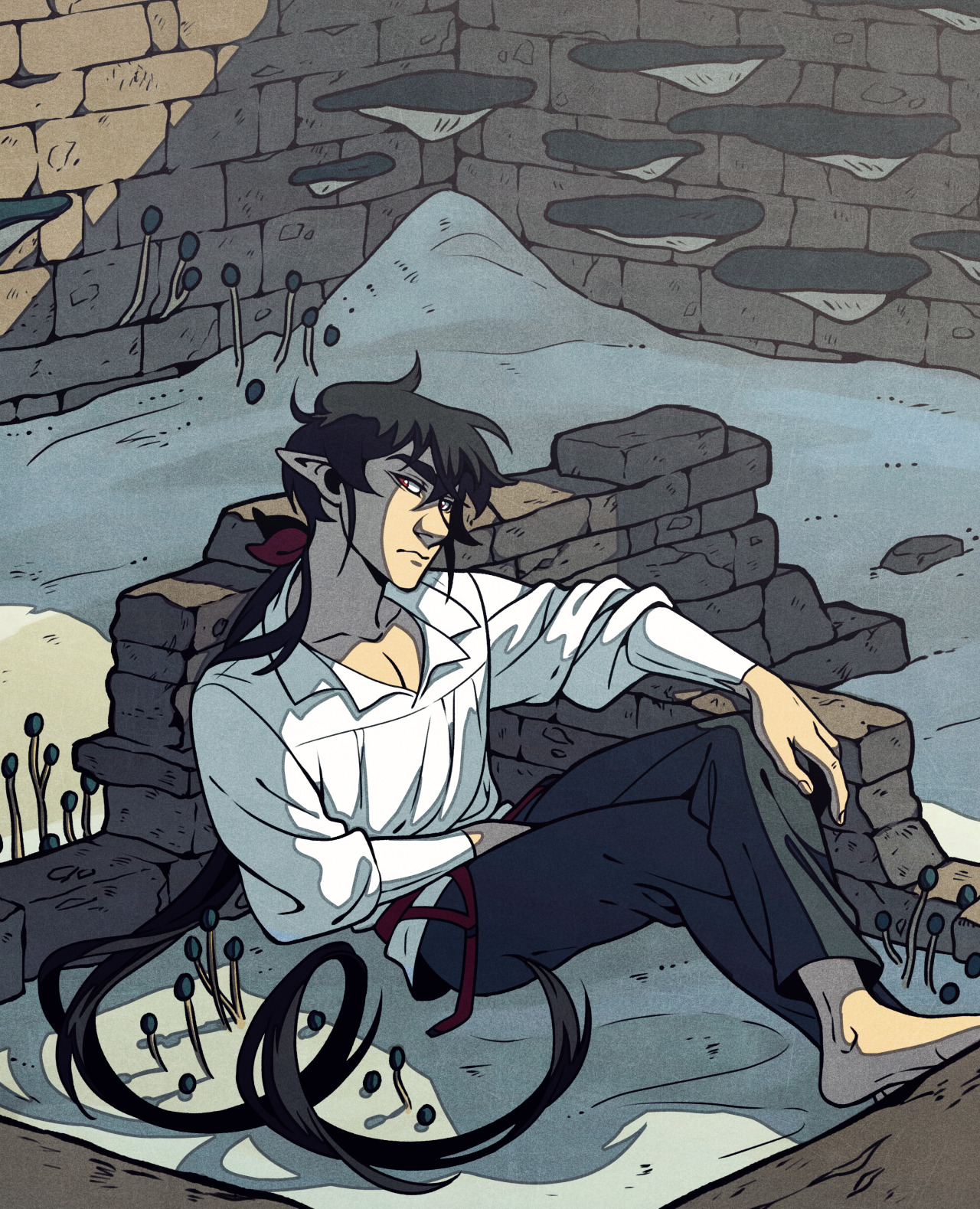 a young man with long black hair and pointed ears, suggesting elven heritage, sits contemplatively amidst the ruins of an ancient structure. he is dressed in a simple white shirt and dark pants, and his expression is one of brooding thoughtfulness. the ruins around him are overgrown with moss and strange, dark mushrooms, hinting at a forgotten history and a touch of melancholy. the scene is bathed in soft, natural light, creating a sense of quietude and reflection.
