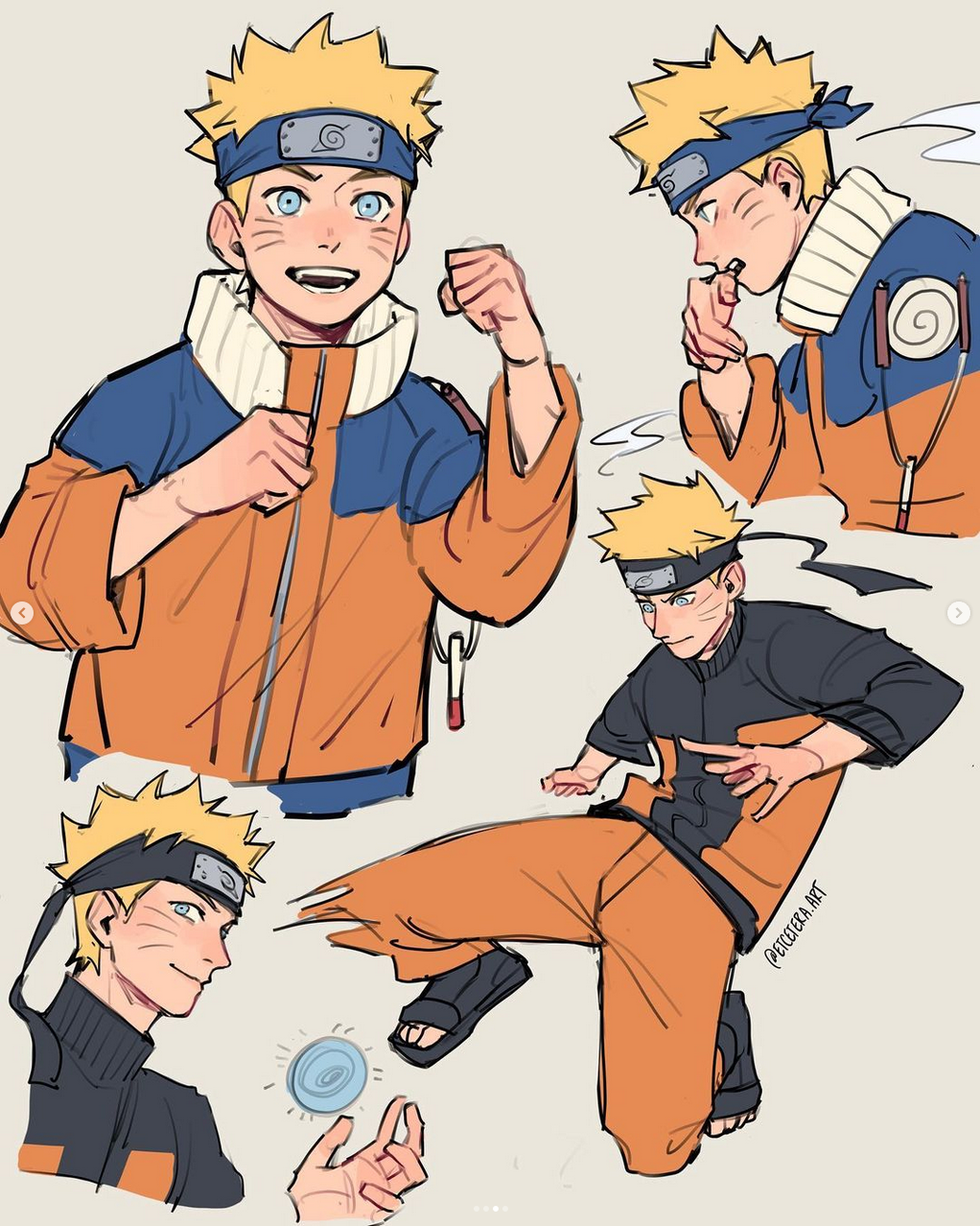 the image is a character design sheet or fanart of naruto uzumaki from the anime and manga series naruto. it features four different sketches of naruto in various poses, showcasing different aspects of his personality and design. the top left sketch shows a young, cheerful naruto with a determined expression. the top right sketch portrays a slightly older naruto with a more serious look, biting his thumb. the bottom right sketch depicts naruto in his signature orange jumpsuit, performing a dynamic action pose. the bottom left sketch presents a closeup of naruto's face, highlighting his whisker marks and intense gaze. he holds a rasengan in his hand. the style is a loose, expressive sketch with a focus on capturing naruto's energy and spirit.