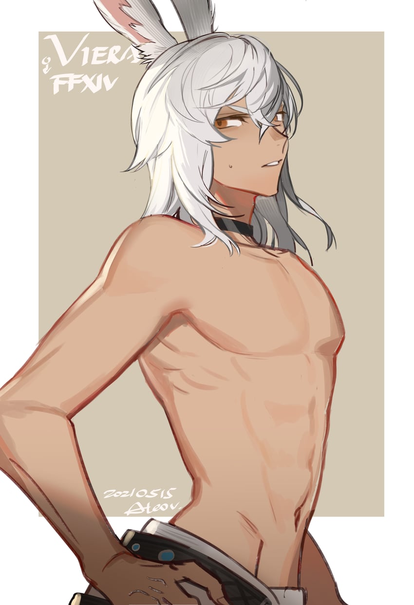 a digital illustration of a shirtless male viera character from the video game final fantasy xiv. he is posed with his upper body turned towards the viewer and his head turned slightly away. the character has long white hair, tan skin, and dark eyes. he is wearing a black collar and white pants that are barely visible in the image. the art style is soft and slightly stylized. the background is a plain beige color.