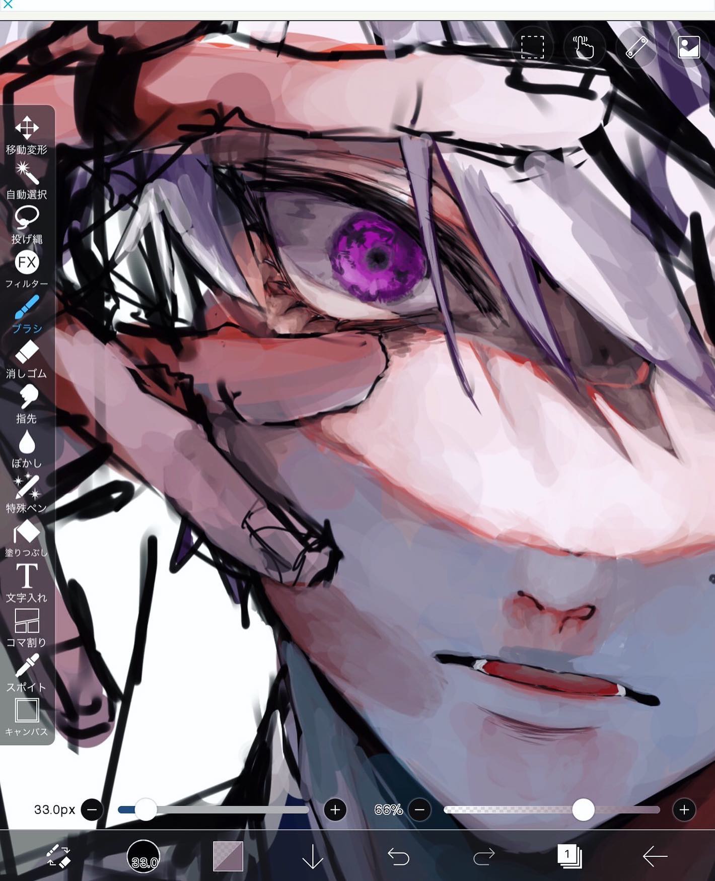 the image shows a closeup digital painting of an animestyle character's face. the character has white or light gray hair, a purple eye visible, and a serious or intense expression.  the art style is painterly and slightly rough, with visible brushstrokes. the image is a work in progress, as evidenced by the visible interface of the digital art software (likely clip studio paint, based on the visible japanese text in the ui) which includes tools, layers, zoom level and other options. the overall tone is dark and moody.