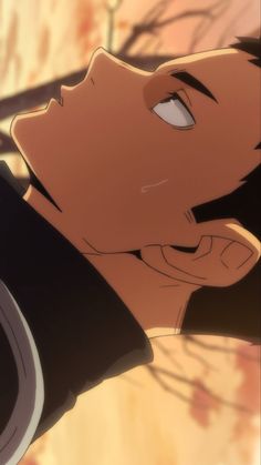 this closeup image features the side profile of a young, animestyle man. he has short dark hair and is wearing a simple, black, highcollared shirt. his eyes are partially open with a serious and contemplative expression. the lighting is soft and warm, suggesting a gentle, outdoor setting, possibly during sunset or sunrise. the background is a blur of warm colors, hinting at trees and leaves. the overall tone suggests a moment of introspection or quiet drama.