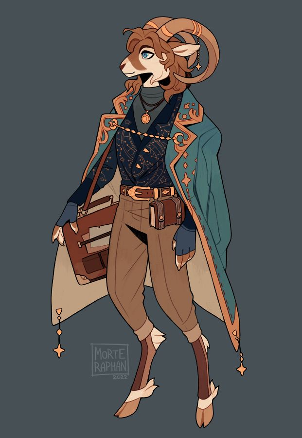 the image shows a fullbody illustration of an anthropomorphic, goatlike creature with ram horns. the character is wearing a dark turtleneck, a patterned shirt with a celestial design, brown pants, and ornate boots. the creature also wears a turquoise coat with golden trim, a belt with a small pouch, a necklace with a pendant, and is carrying a satchel. the style of the image is artistic, with a signature and date "morte raphan 2023" visible in the lower left corner. the background is a solid gray.