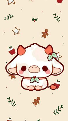 a cute cartoon cow character with a red bow and a holly sprig on its head. the cow is surrounded by other christmas decorations including cupcakes, gingerbread, and holly. the background is a soft pastel pink.