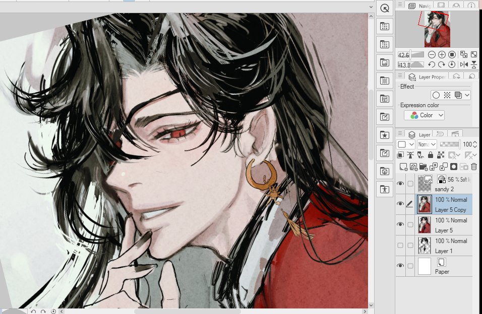 a digital illustration of an anime character. the character is a young man with black hair, red eyes, and a red and white outfit. he's wearing a golden earring and he's smiling slightly. he's drawn in a realistic style, with soft shadows and highlights.