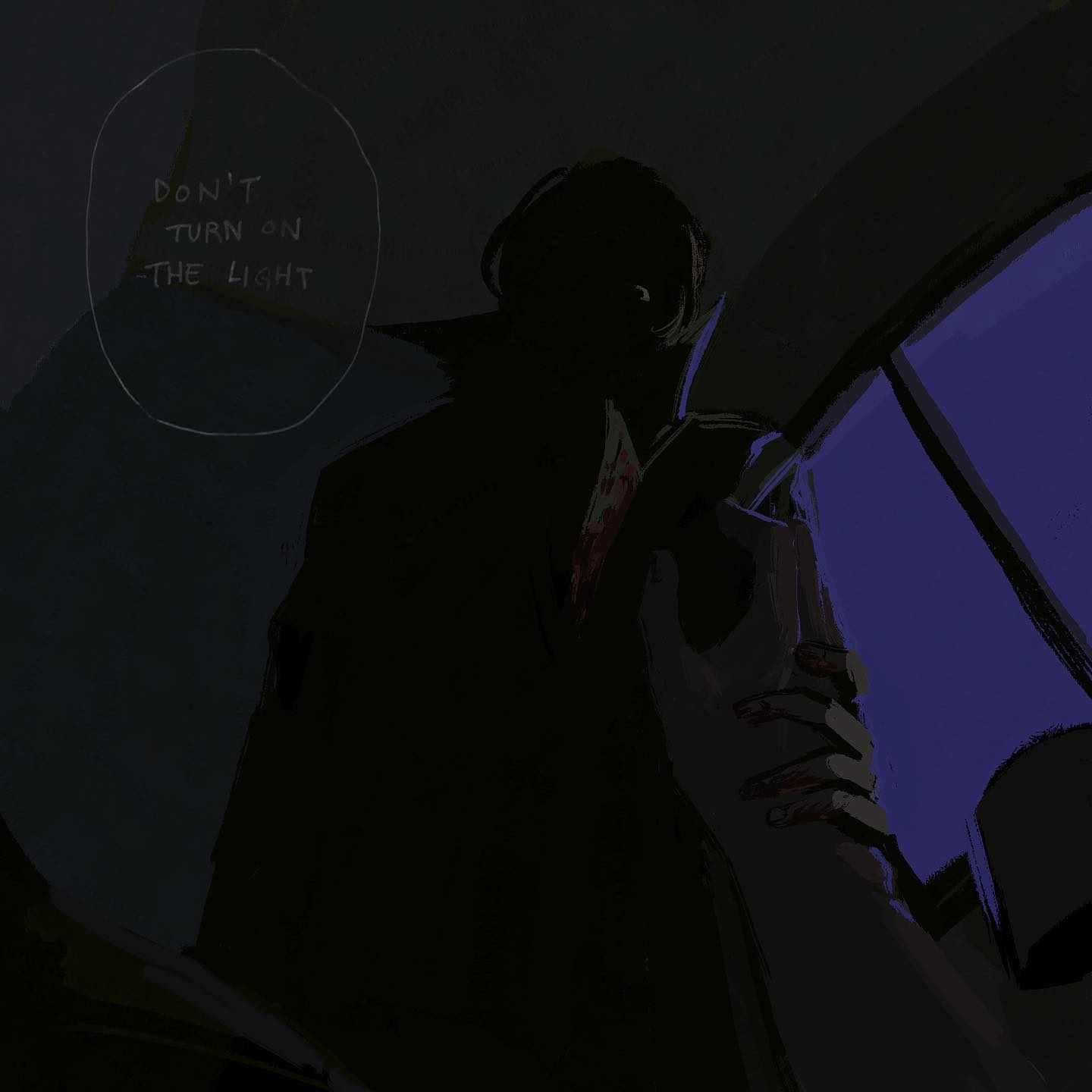 a dark silhouette of a man with blood on his face and hand is shown in the dark.  a speech bubble above his head says "don't turn on the light". this image is creepy and  suggests danger.