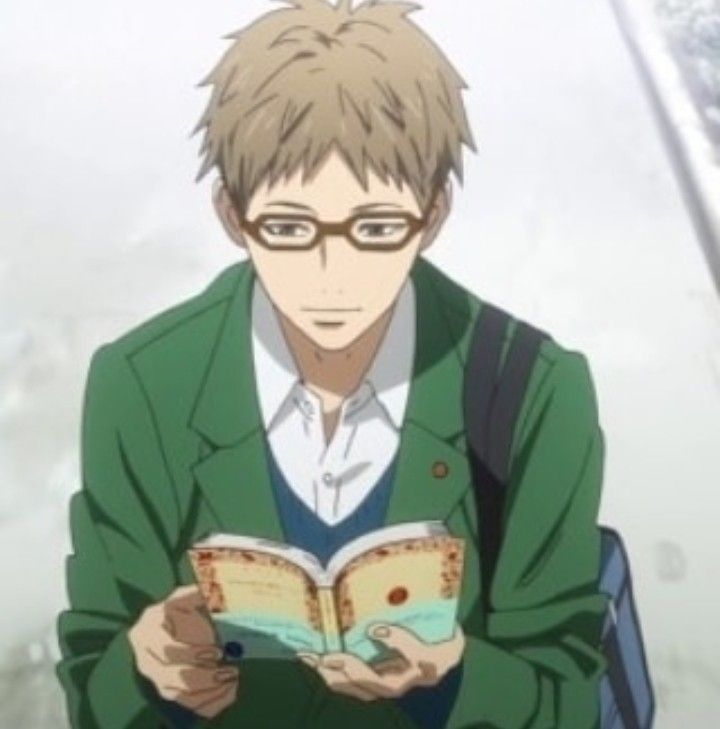an anime boy with brown hair and glasses is wearing a green jacket and smiling as he reads a book.