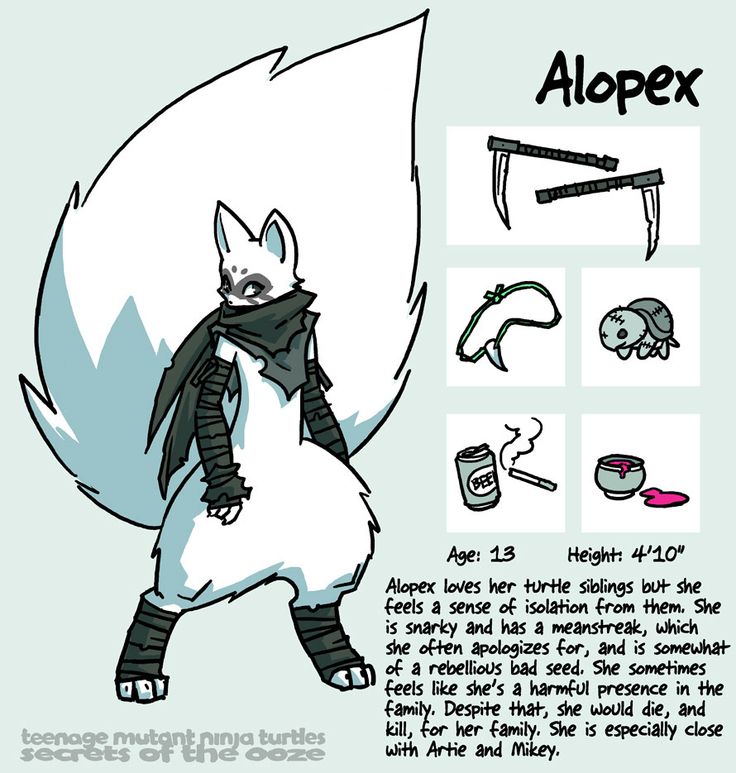 this is a cartoon illustration of a white fox character named alopex. alopex is a character from the "teenage mutant ninja turtles" franchise. the illustration is in a comic book style and features alopex in a ninja outfit. it also features her stats, including her age, height, and some of her personality traits.