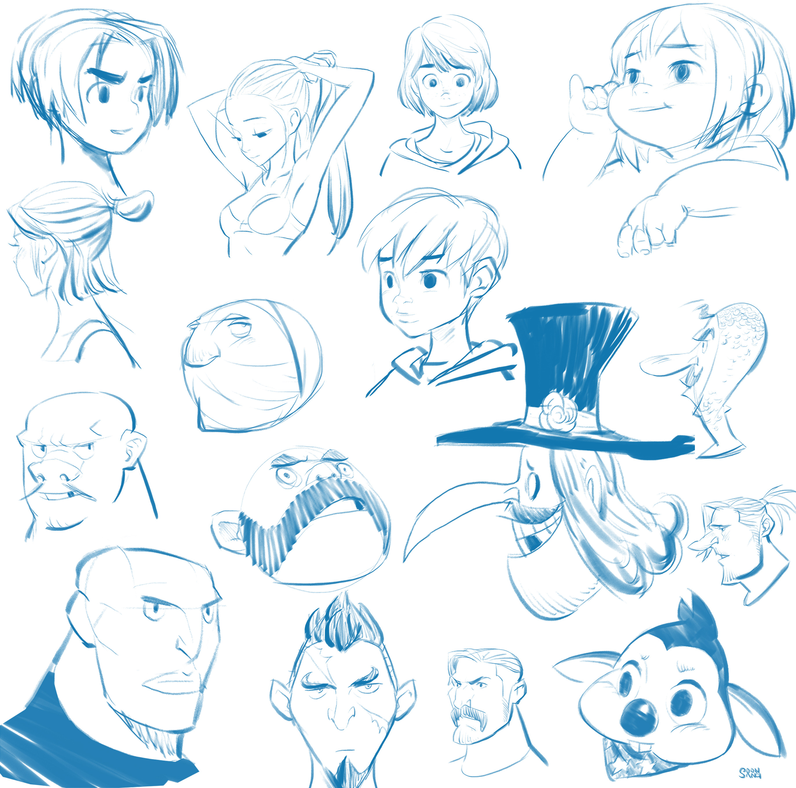 a page full of sketches featuring heads and faces of people and some creatures.  the artwork is in blue color and drawn in a cartoon style.