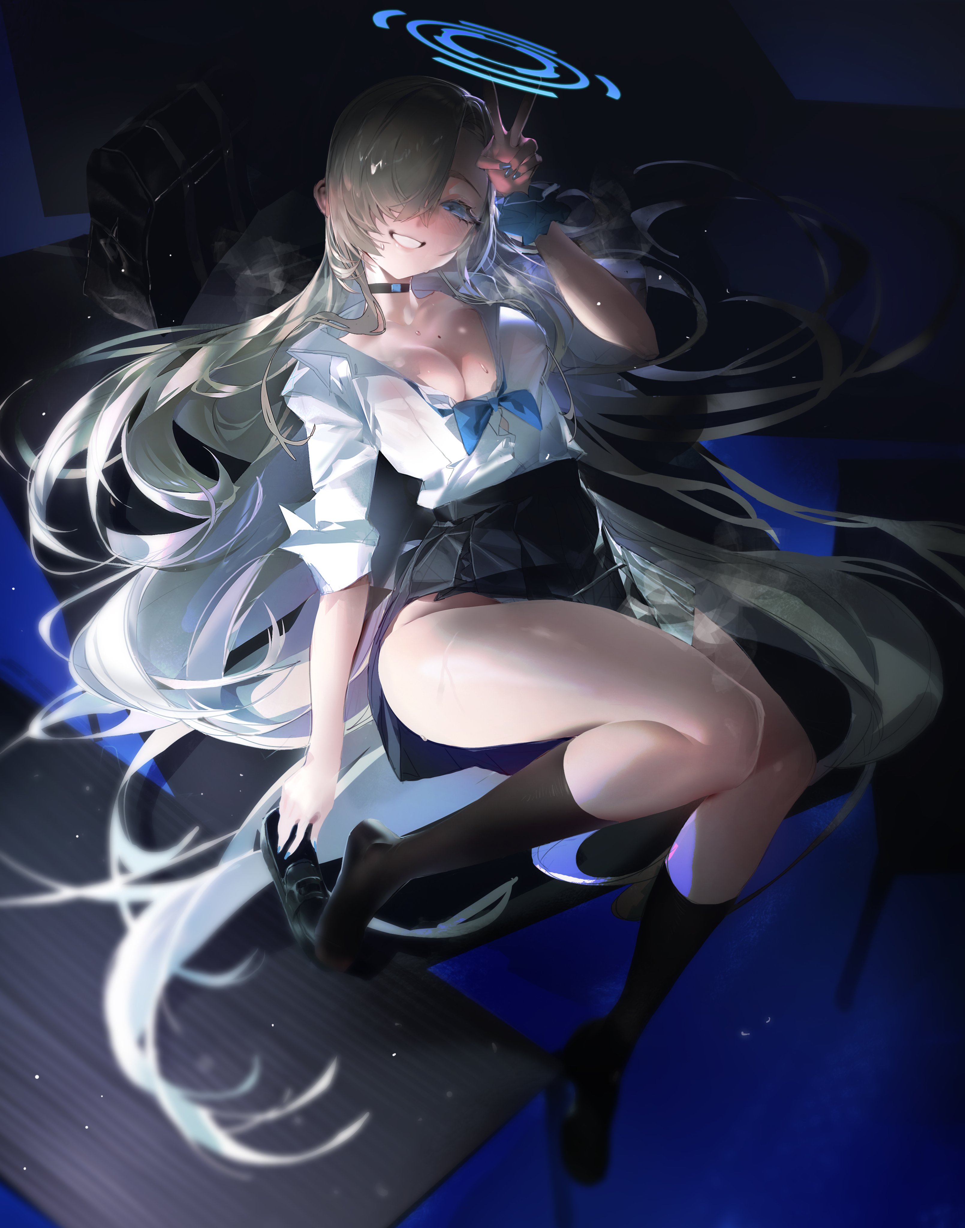 the image is a digital illustration of an animestyle girl with long, flowing white hair. she's wearing a partially unbuttoned white school uniform shirt revealing cleavage, a short black skirt, and thigh high socks or boots.  she is positioned in a suggestive pose, making a peace sign with one hand, and a mysterious glowing blue circle hovers above her head.  the background is dark blue with geometric shapes, giving the impression of a futuristic or scifi setting. the overall mood is enigmatic and mysterious. the style is highly detailed and polished, showcasing the artist's skill with light and shadow.